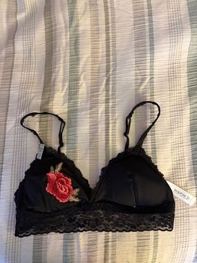 sophie b. Black Lace Bralette with Red Rose Applique